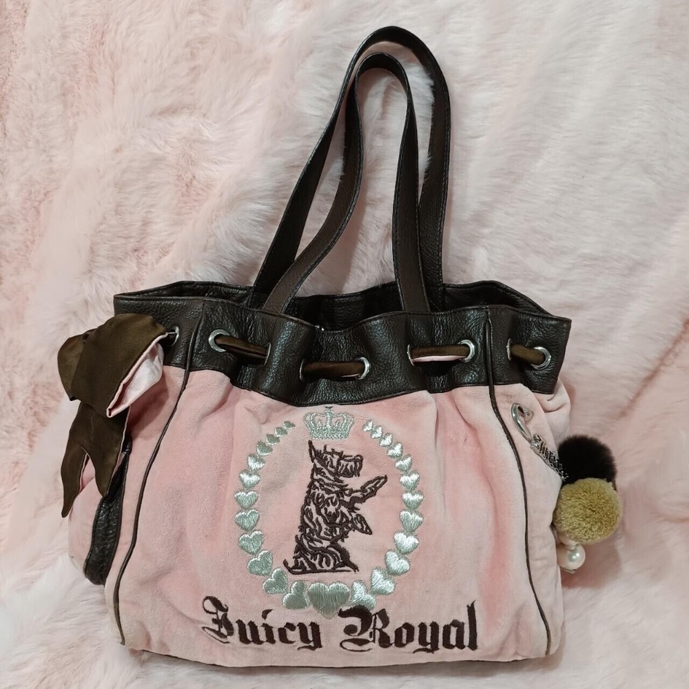 Vintage Juicy Couture Daydreamer Tote Bag Purse Royal Dog Bow Pompom Pin Charm
